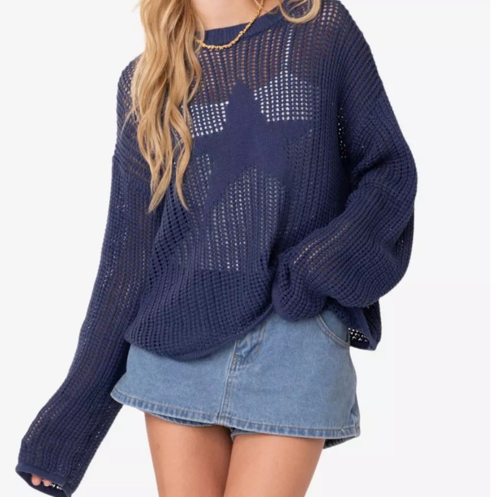 Edikted Blue Chunky Knit Crew Neck Sweater
